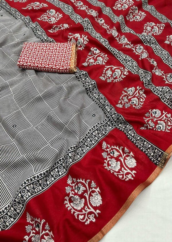 Gray ajrakh printed soft cotton saree - Image 5