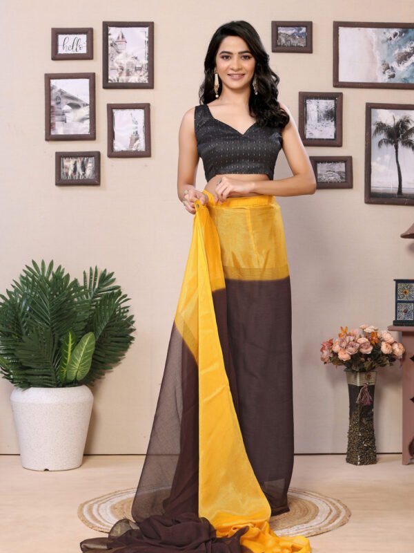 Fancy Ready to wear multi plain chiffon saree with woven stripe work - Image 7