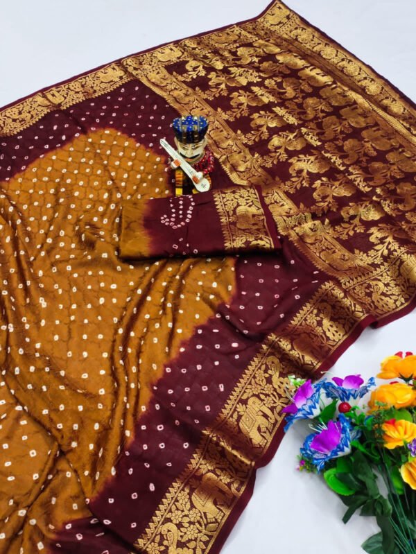 Mahendi green and purple hand bandhej bandhani saree with zari weaving border - Image 4