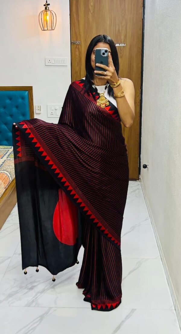 Firoji fancy ajrakh printed crepe silk saree - Image 9