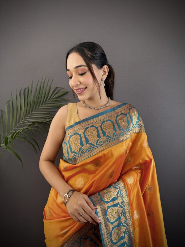 Orange traditional banarasi silk saree with zari weaving work - Image 4