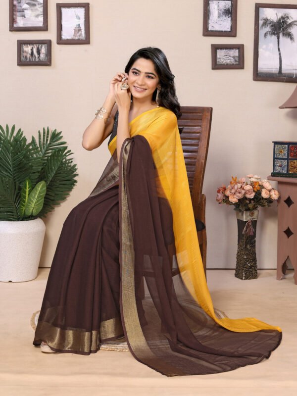 Fancy Ready to wear multi plain chiffon saree with woven stripe work - Image 3