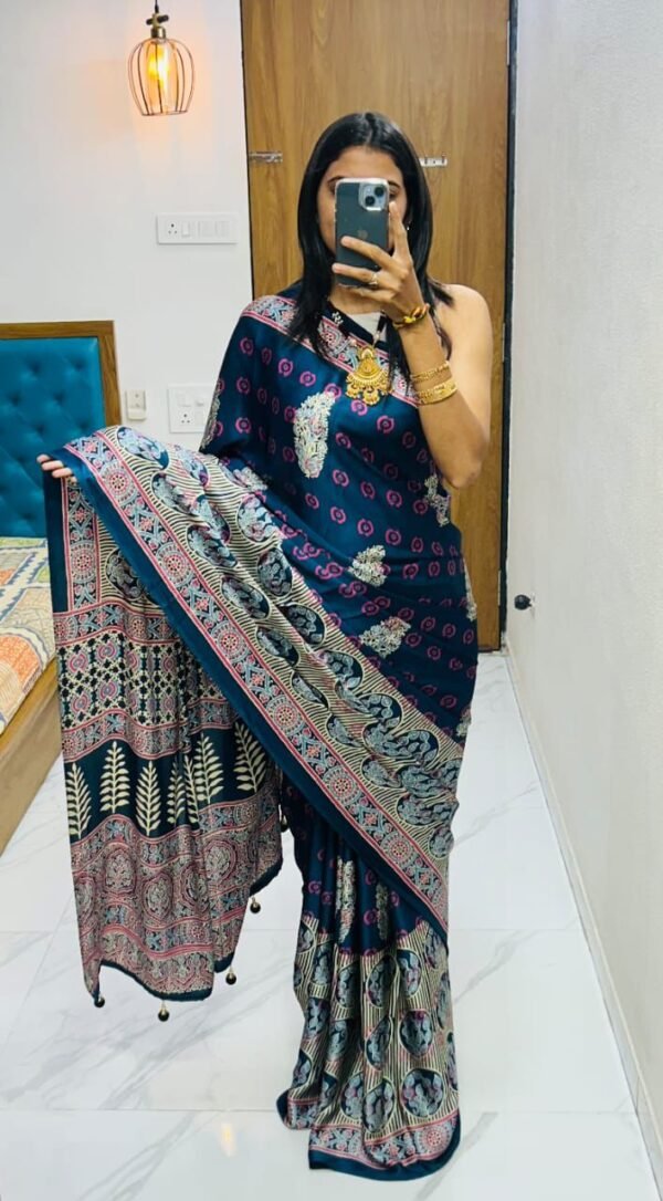 Wine fancy ajrakh printed crepe silk saree - Image 6