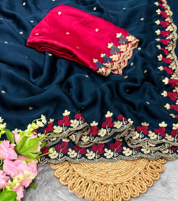 Firoji fancy satin chiffon saree with embroidery work - Image 9