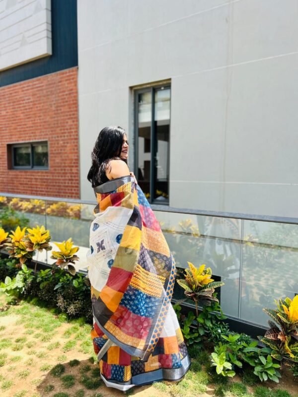 White office wear linen cotton saree with digital printed work - Image 3
