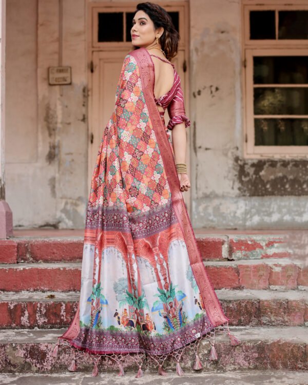 Multi digital printed tussar silk saree with zari motif border - Image 7