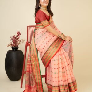 Peach color kota doriya saree with zari weaving work