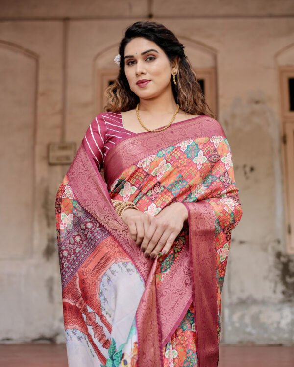 Multi digital printed tussar silk saree with zari motif border - Image 2