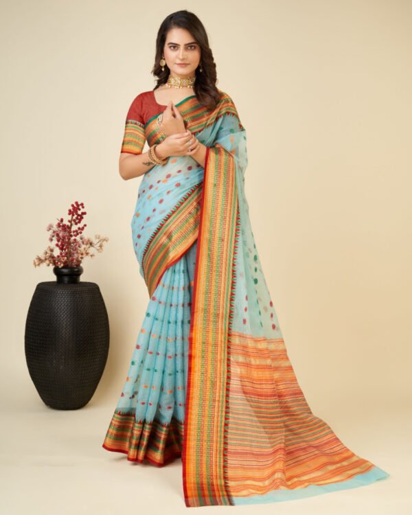 Peach color kota doriya saree with zari weaving work - Image 4