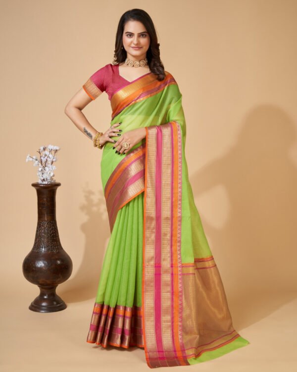 Red color kota doriya saree with zari weaving work - Image 5
