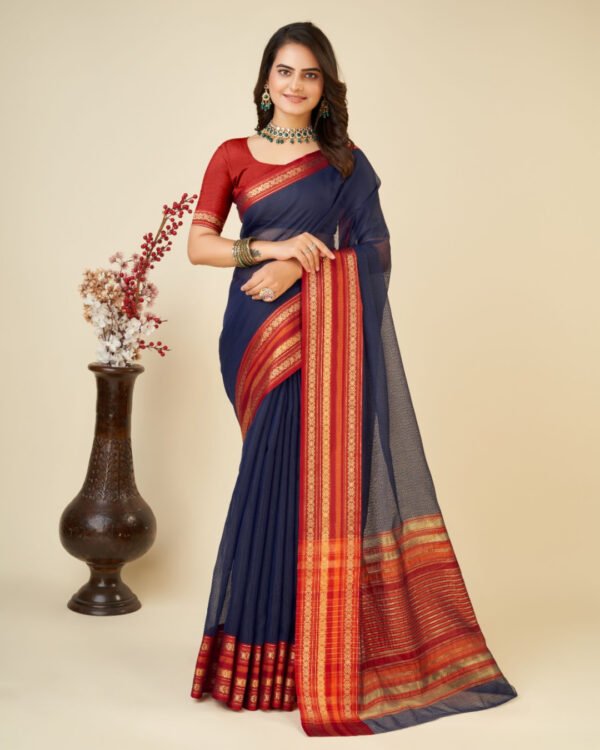 Red color doriya cotton saree with woven design - Image 5