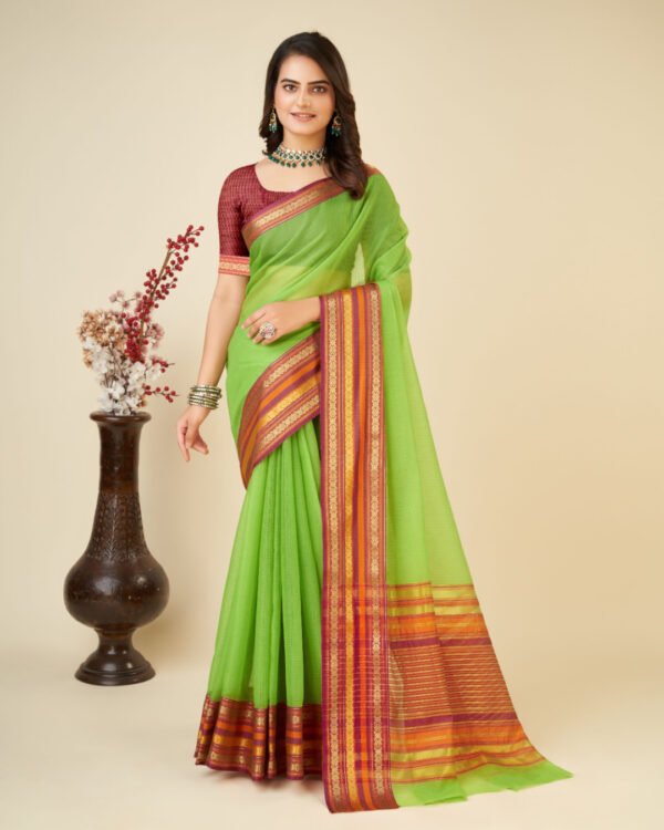Red color doriya cotton saree with woven design - Image 10