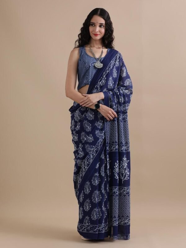 White colour pure mulmul cotton saree with bagru hand block printed work - Image 10
