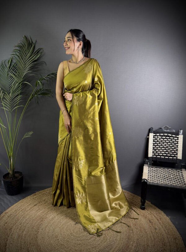 Firoji colour soft lichi silk saree with golden zari weaving work - Image 9