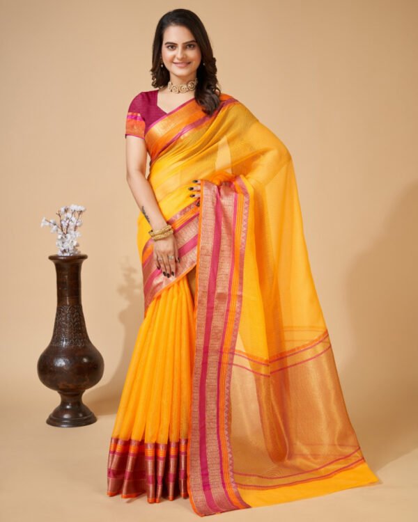 Red color kota doriya saree with zari weaving work - Image 10