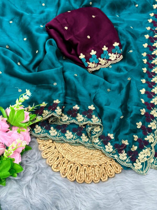 Firoji fancy satin chiffon saree with embroidery work
