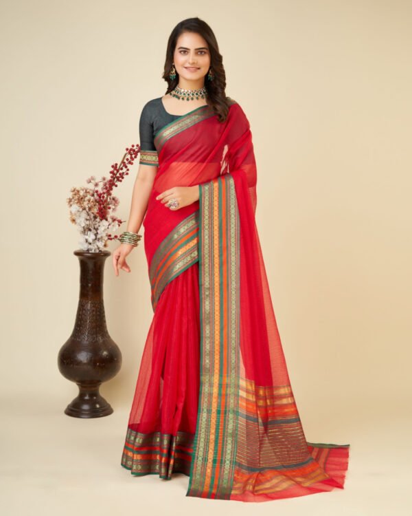 Red color doriya cotton saree with woven design - Image 2
