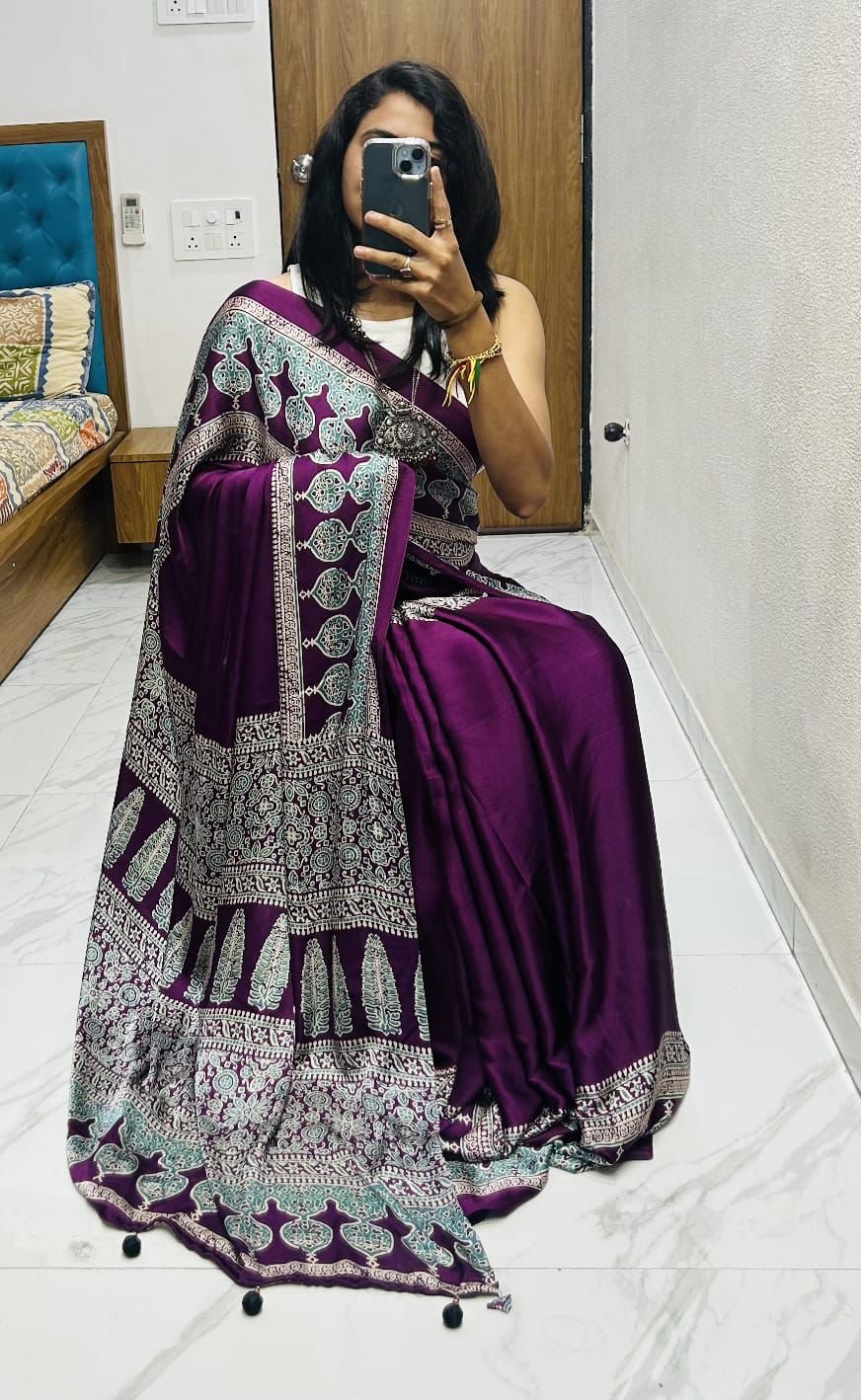 Wine fancy ajrakh printed crepe silk saree