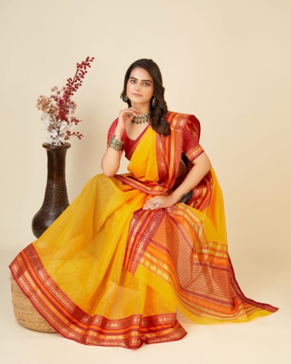 Red color doriya cotton saree with woven design - Image 7