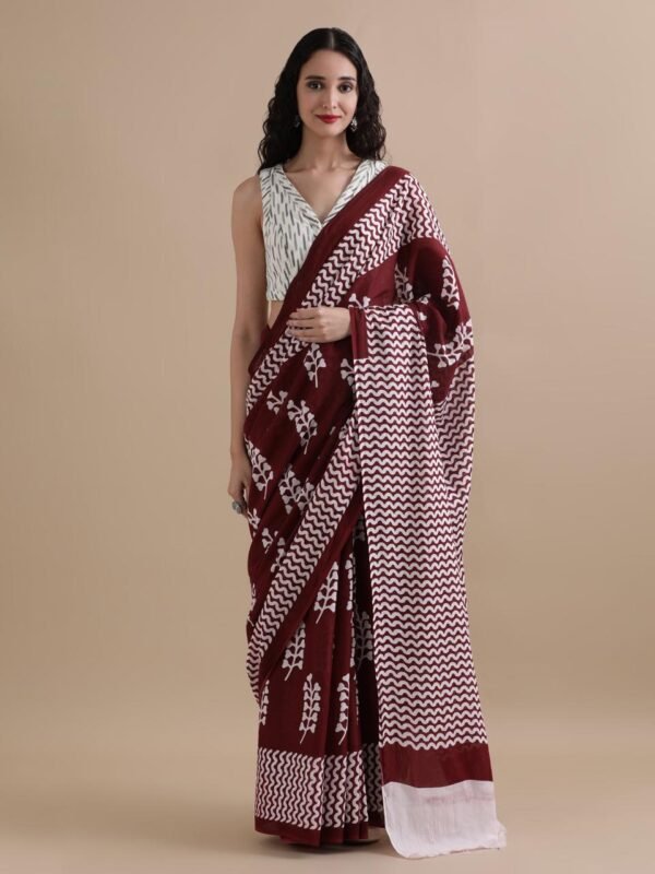 Sky blue colour pure mulmul cotton saree with bagru hand block printed work - Image 8