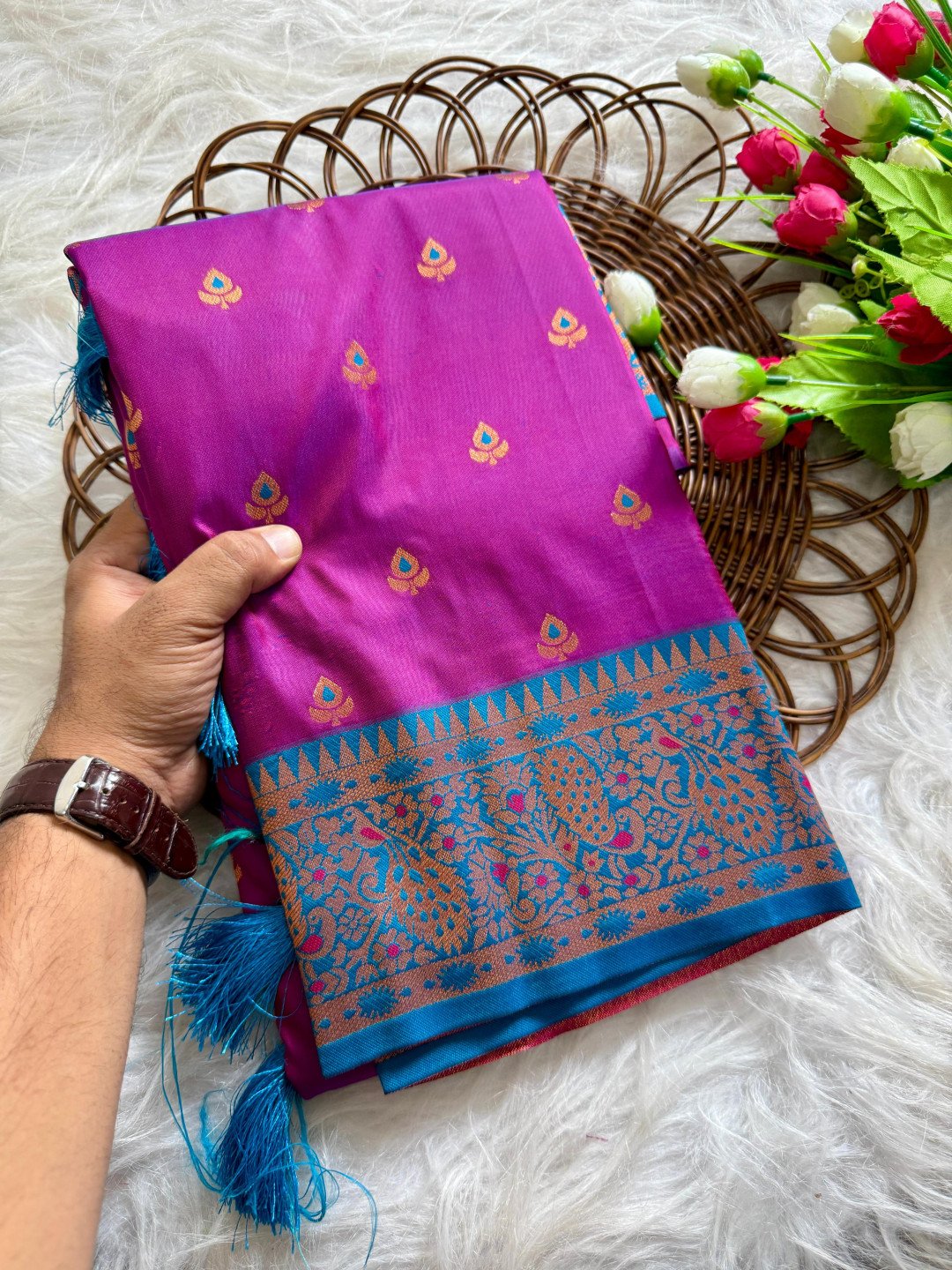 Wine traditional paithani silk saree with zari weaving work