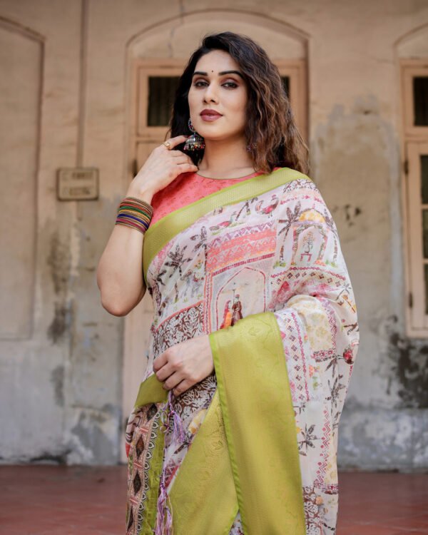 Multi digital printed tussar silk saree with zari motif border - Image 10