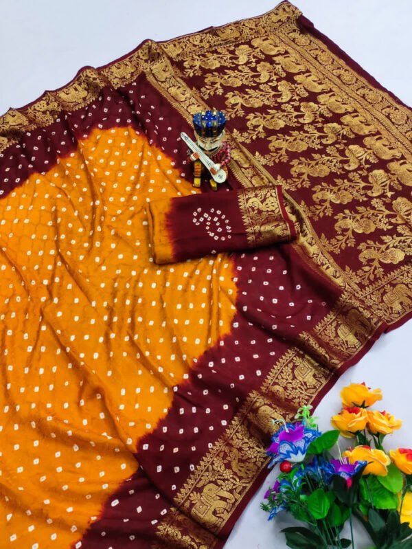 Mahendi green and purple hand bandhej bandhani saree with zari weaving border - Image 3