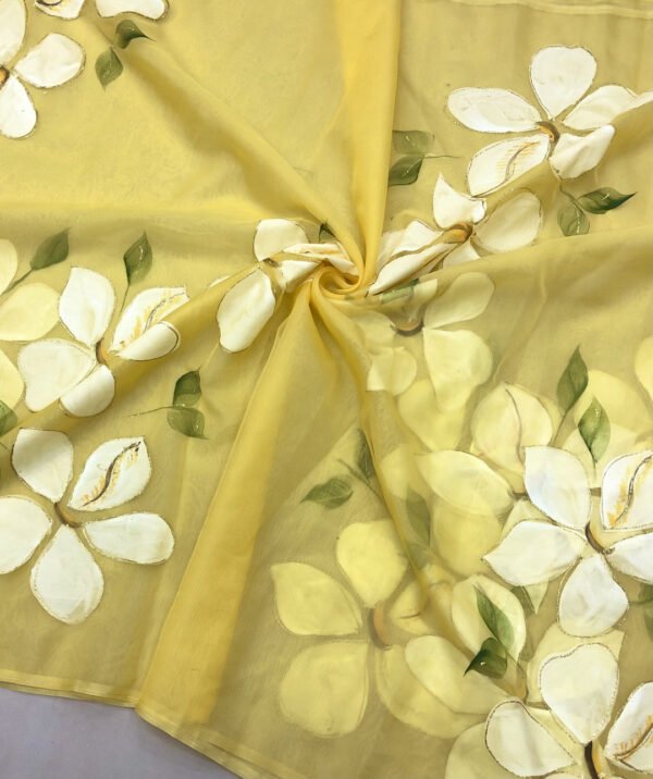 Fancy yellow hand floral brush printed organza saree - Image 3