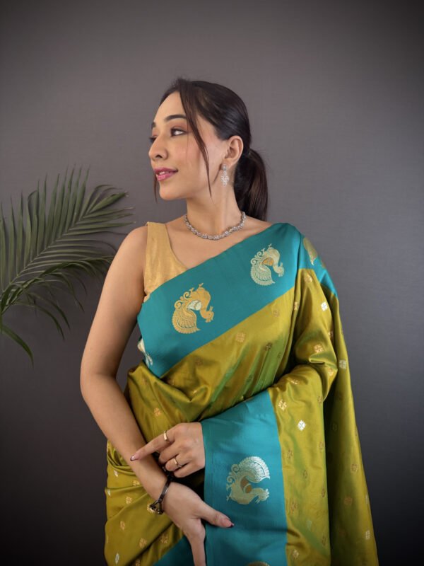 Mahendi green traditional banarasi silk saree with zari weaving work - Image 4