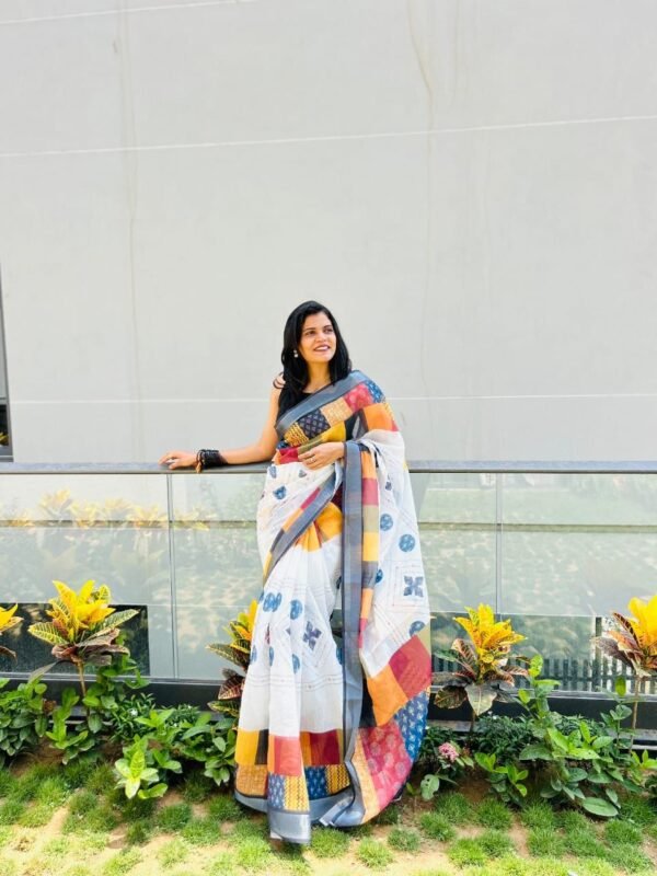 White office wear linen cotton saree with digital printed work - Image 4