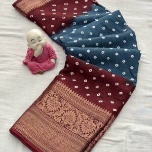 Gray and maroon hand bandhej bandhani saree with zari weaving border & printed pallu