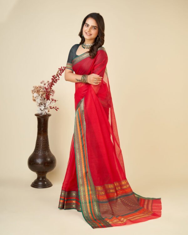 Red color doriya cotton saree with woven design - Image 3