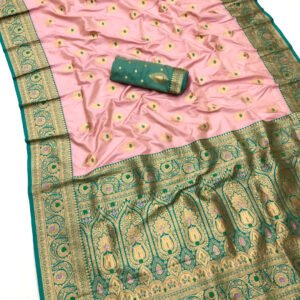 Baby pink traditional banarasi silk saree with zari weaving work