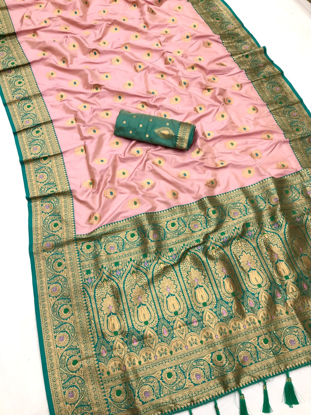 Baby pink traditional banarasi silk saree with zari weaving work