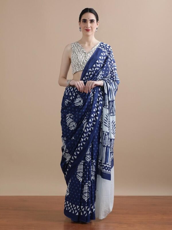 Yellow pure mulmul cotton saree with bagru hand block printed work - Image 10