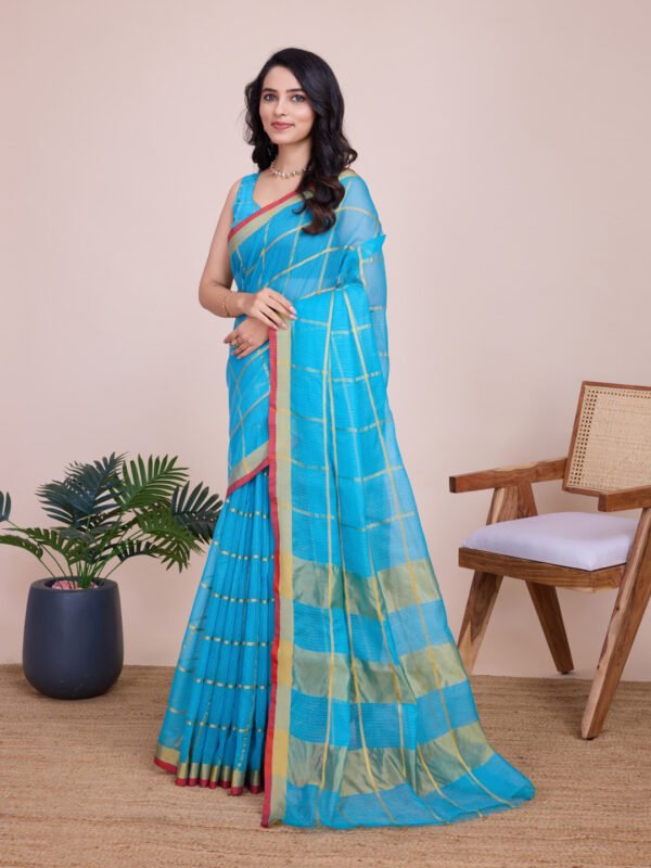 Peach kota doriya saree with zari weaving work - Image 8