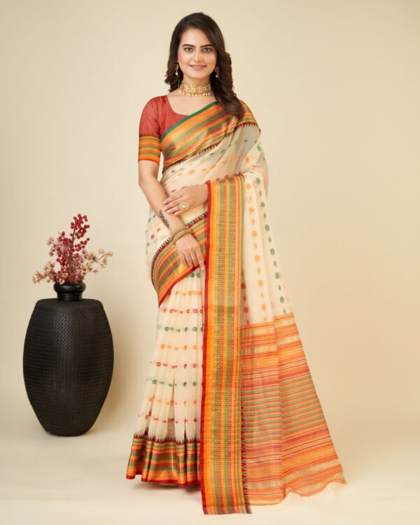 Peach color kota doriya saree with zari weaving work - Image 7