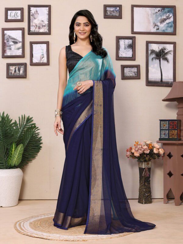 Fancy Ready to wear multi plain chiffon saree with woven stripe work - Image 9