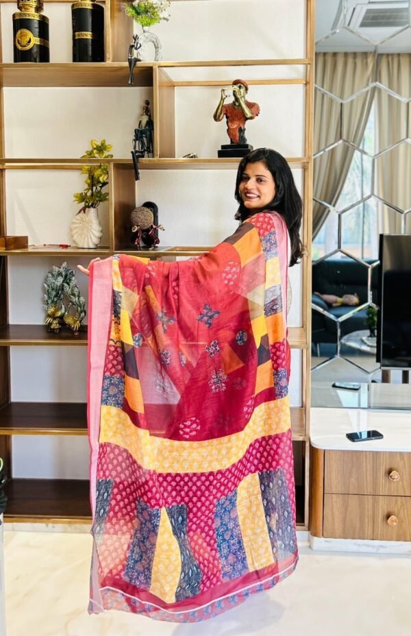 White office wear linen cotton saree with digital printed work - Image 6