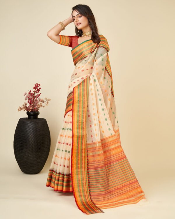 Peach color kota doriya saree with zari weaving work - Image 8