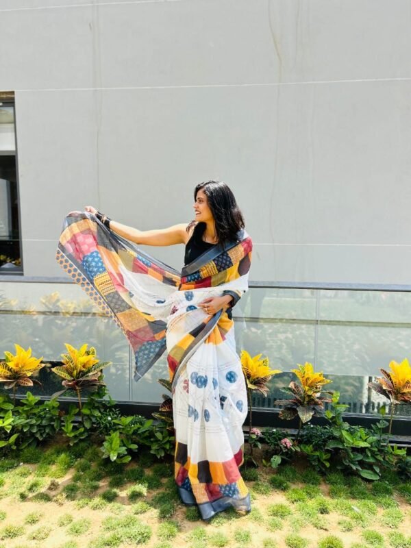 White office wear linen cotton saree with digital printed work - Image 2