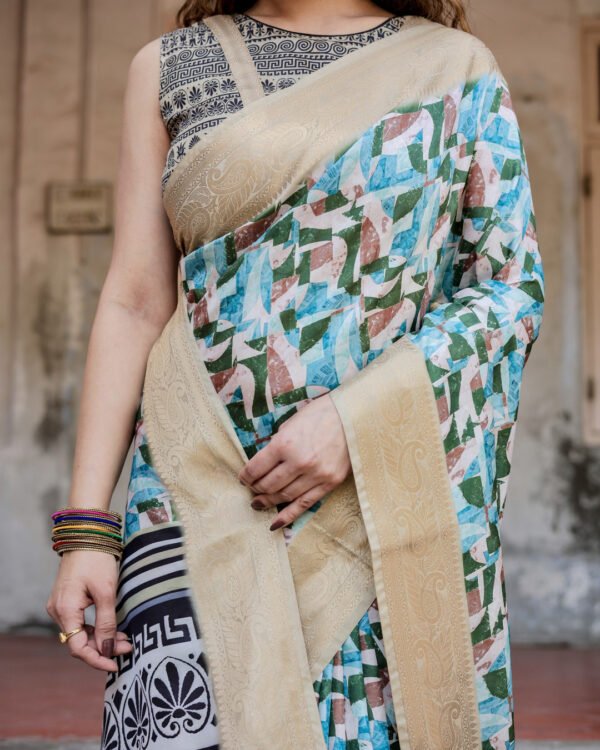 Multi digital printed tussar silk saree with zari motif border - Image 8