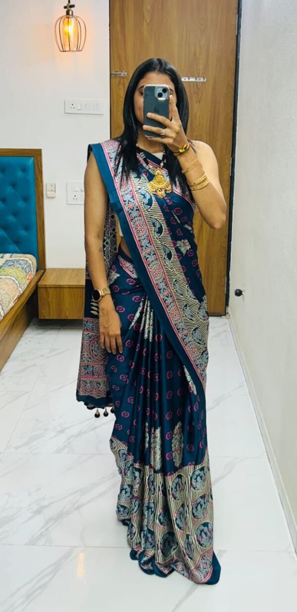 Wine fancy ajrakh printed crepe silk saree - Image 8