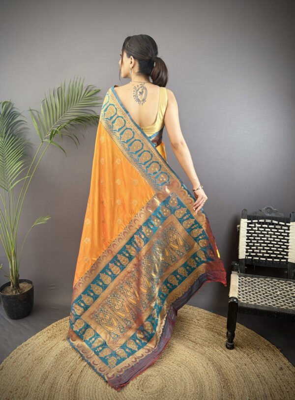 Orange traditional banarasi silk saree with zari weaving work - Image 3