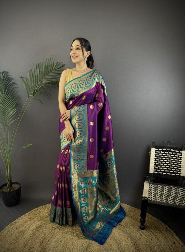 Orange traditional banarasi silk saree with zari weaving work - Image 6
