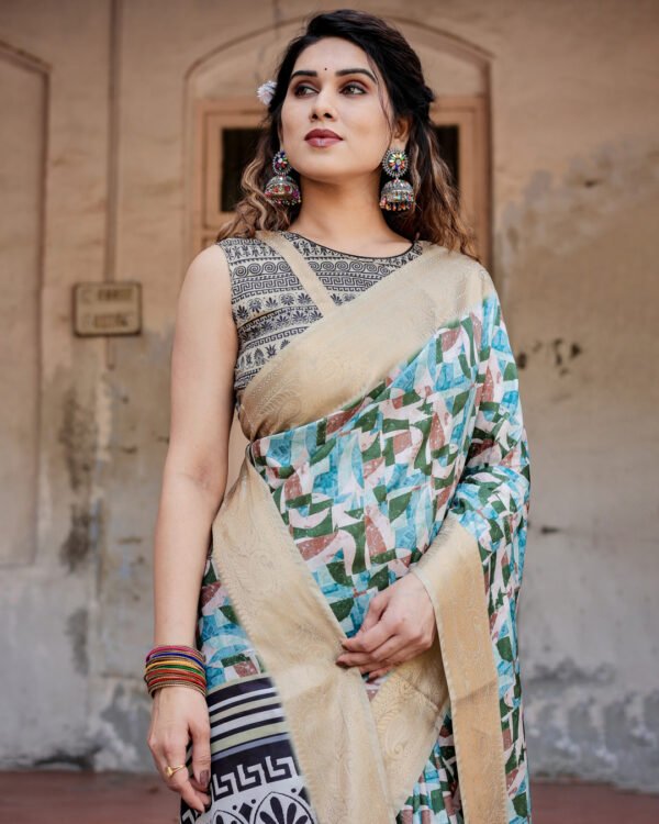 Multi digital printed tussar silk saree with zari motif border - Image 2
