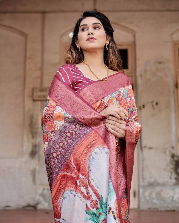 Multi digital printed tussar silk saree with zari motif border - Image 4