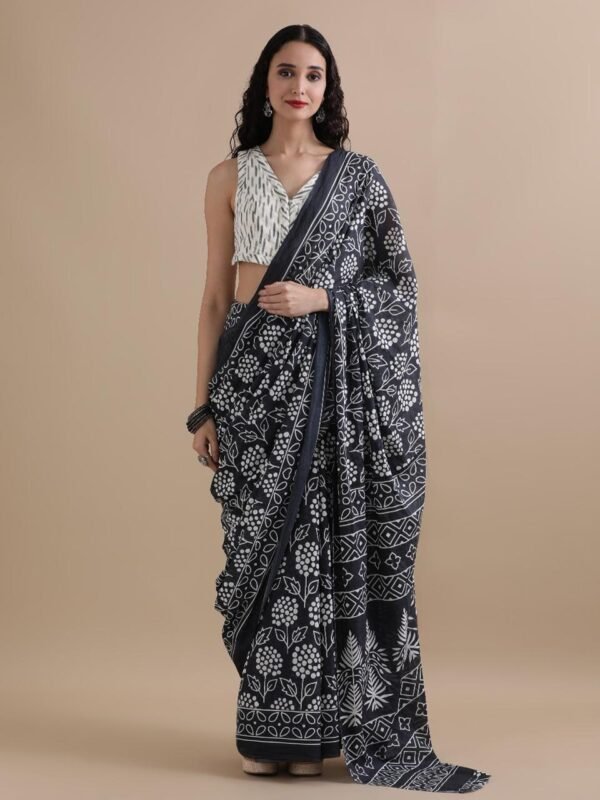 Sky blue colour pure mulmul cotton saree with bagru hand block printed work - Image 4