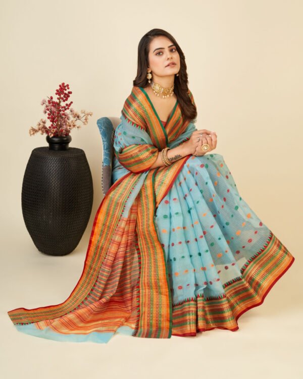 Peach color kota doriya saree with zari weaving work - Image 6