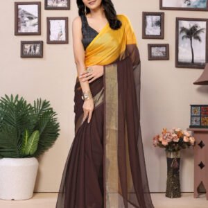 Fancy Ready to wear multi plain chiffon saree with woven stripe work